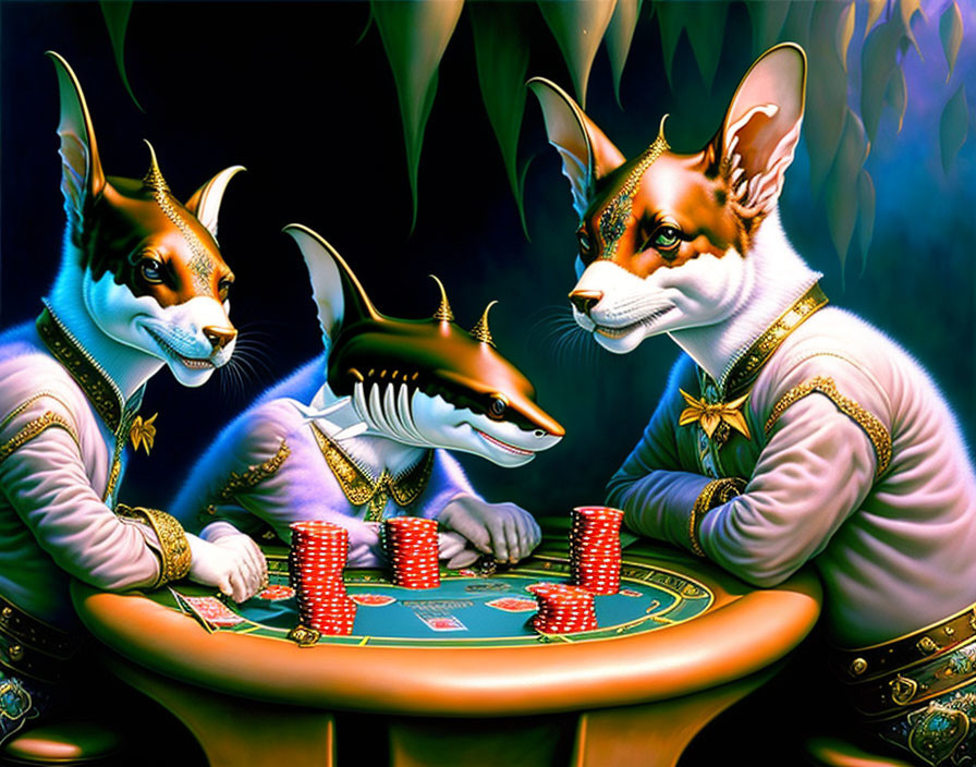 Anthropomorphic cats in royal attire at poker table with red chips