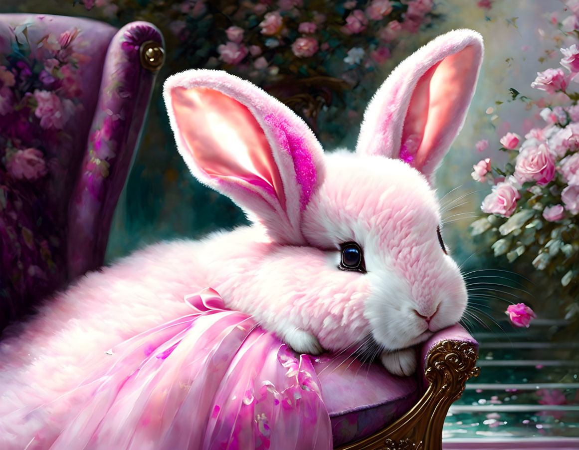 Fluffy pink and white bunny on ornate chair with blooming roses