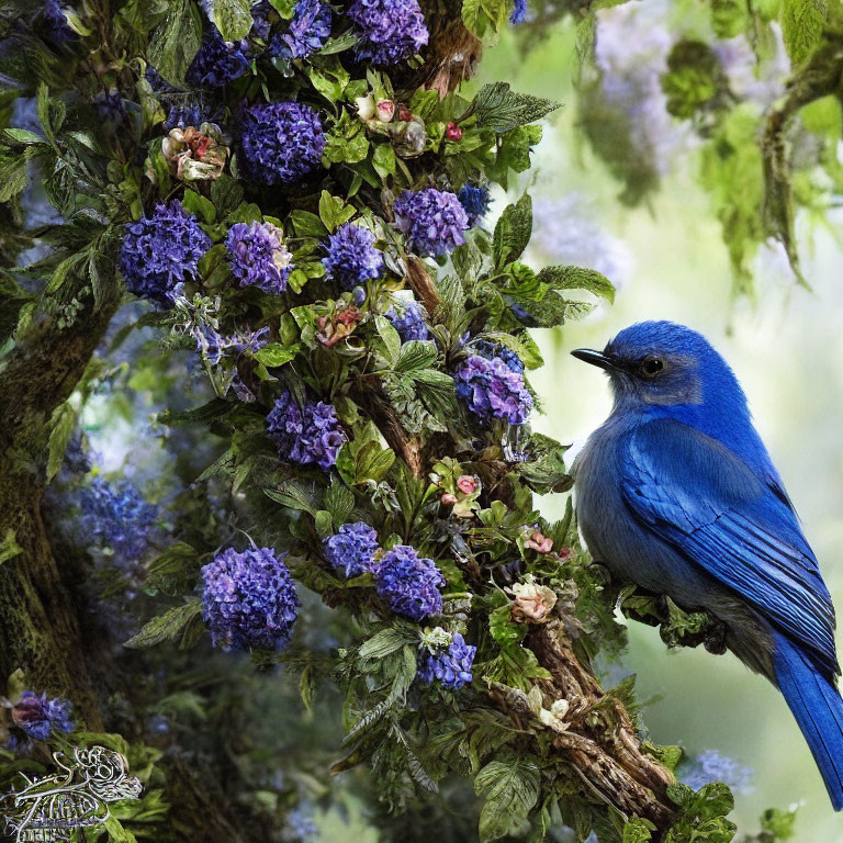 Colorful bird in greenery with purple flowers on tree trunk