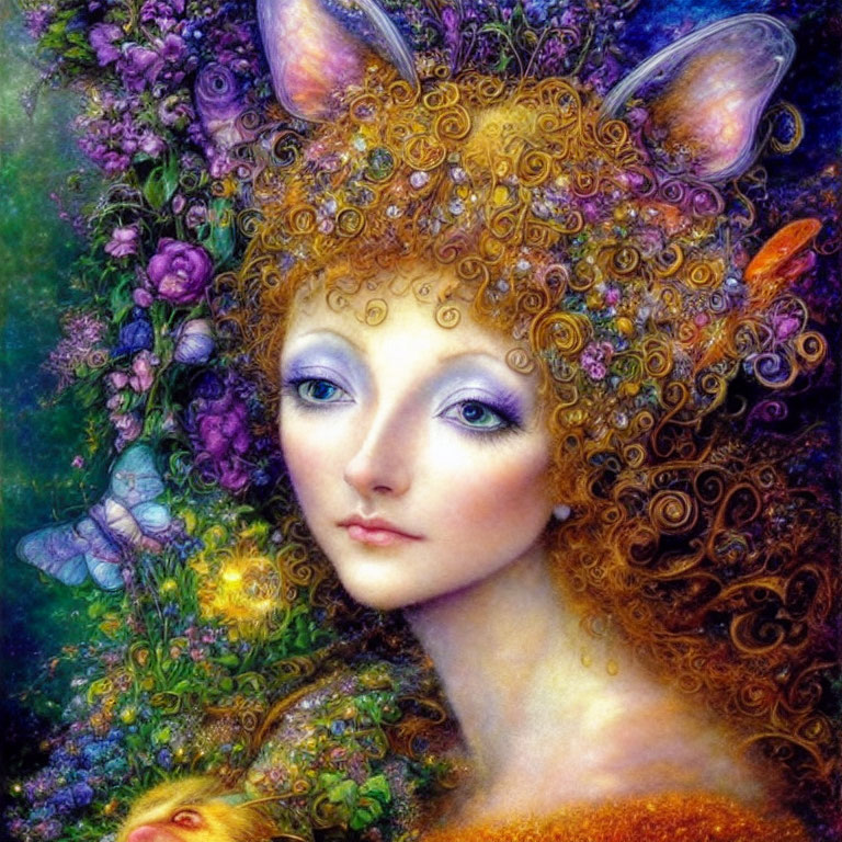 Fantasy portrait of female character with cat ears and golden hair, surrounded by flowers and butterfly.