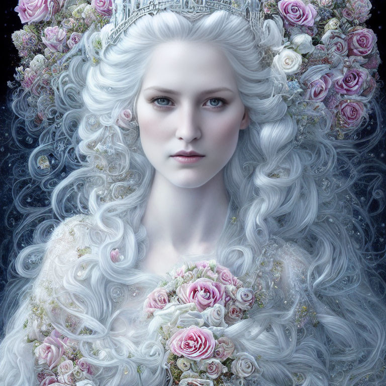 Pale-skinned woman with white hair and crown, surrounded by pink and white roses