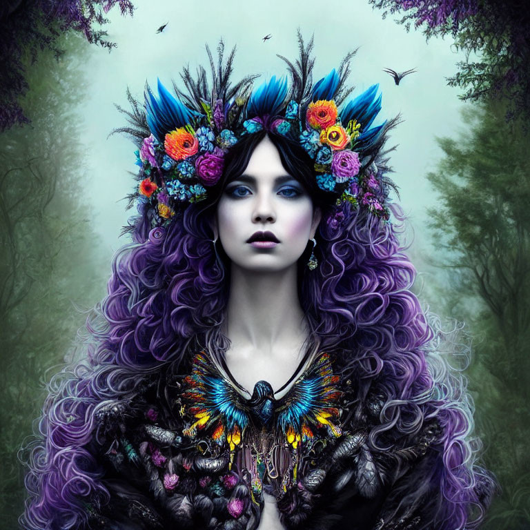 Purple-haired woman in feathered headdress and bird-themed cloak in misty forest.