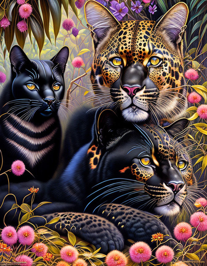 Leopard and Two Black Panthers in Tropical Floral Scene