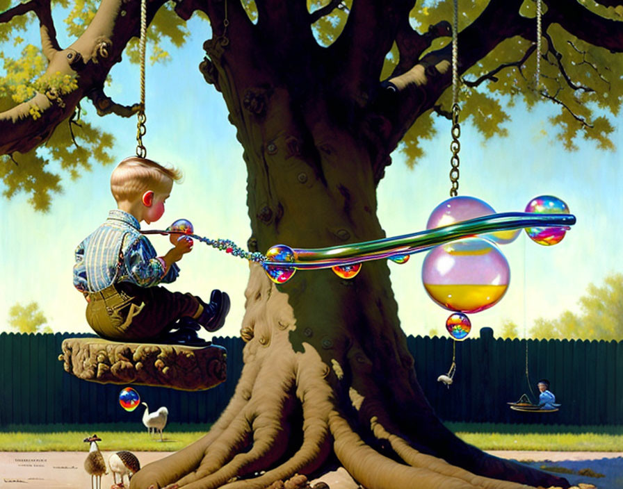 Boy on tree swing blowing colorful bubbles in sunny, serene setting