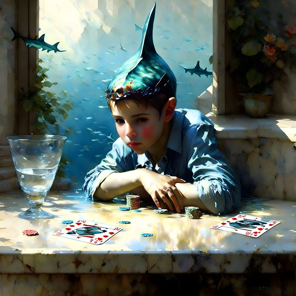 Surreal artwork: Boy with shark head playing cards at table