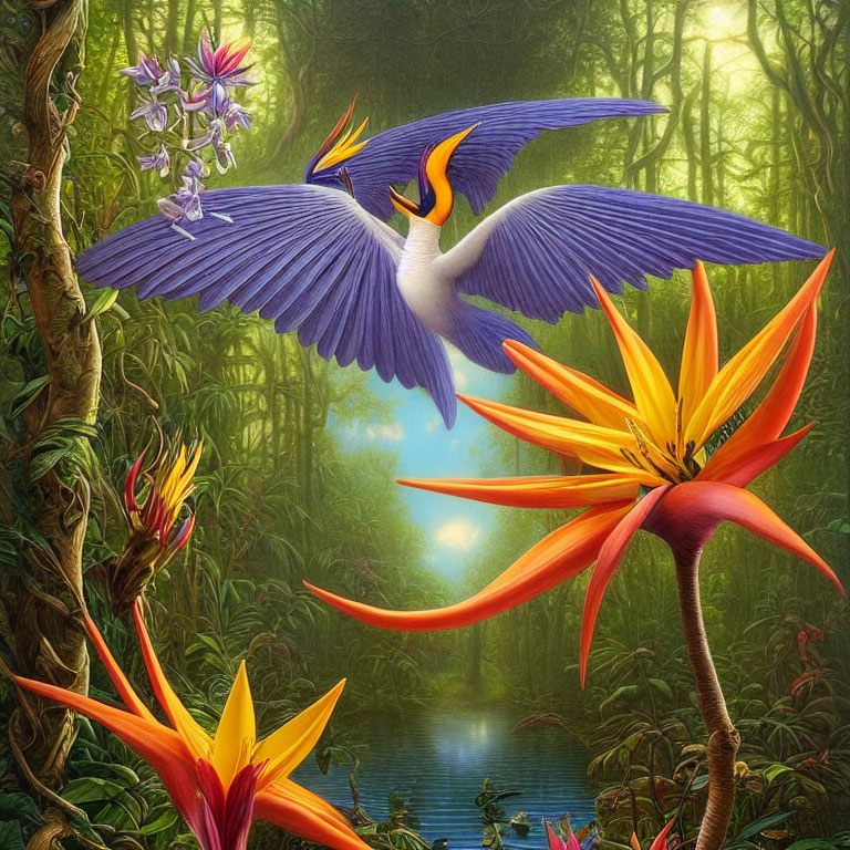 Colorful digital artwork: Purple bird soaring over lush forest and serene pond