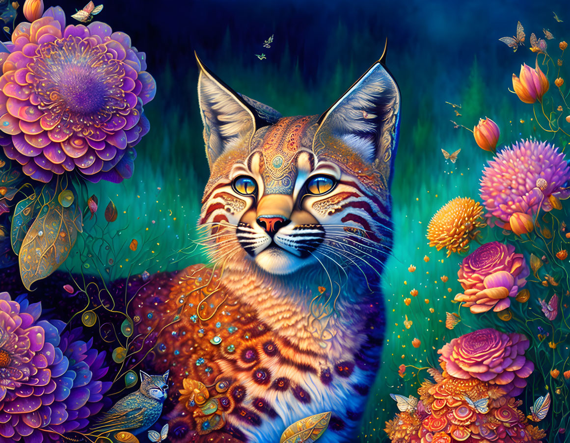 Colorful Fantastical Cat Surrounded by Flowers and Creatures