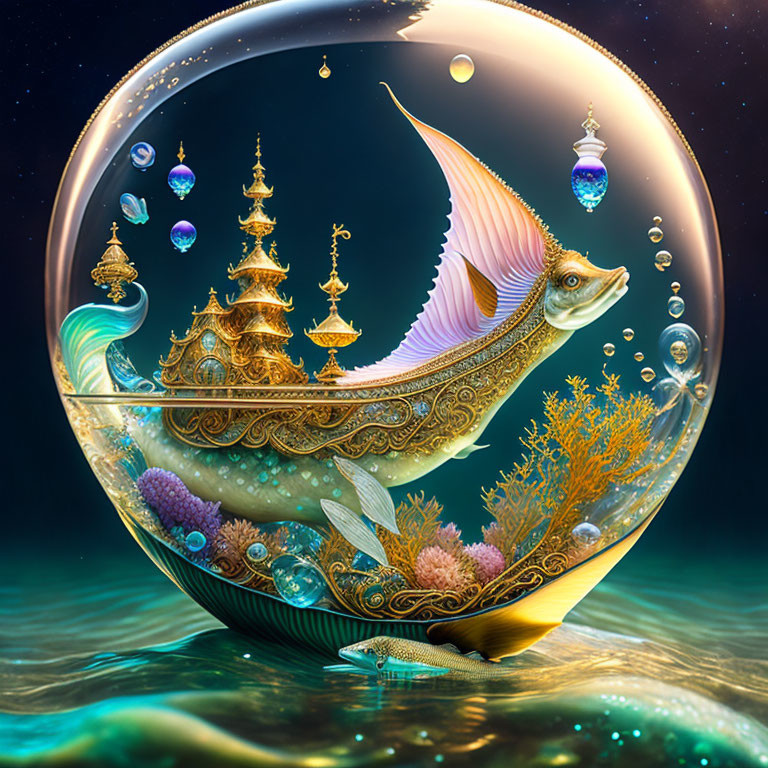 Surreal fish with golden fins in bubble with islands and coral under starry sky