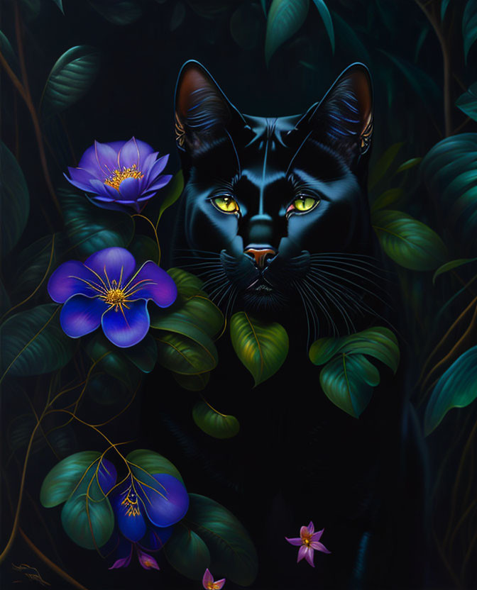 Digital art: Black cat with yellow eyes in lush greenery and vibrant flowers