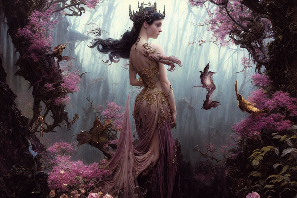 Mystical woman in elegant dress in flower-filled forest