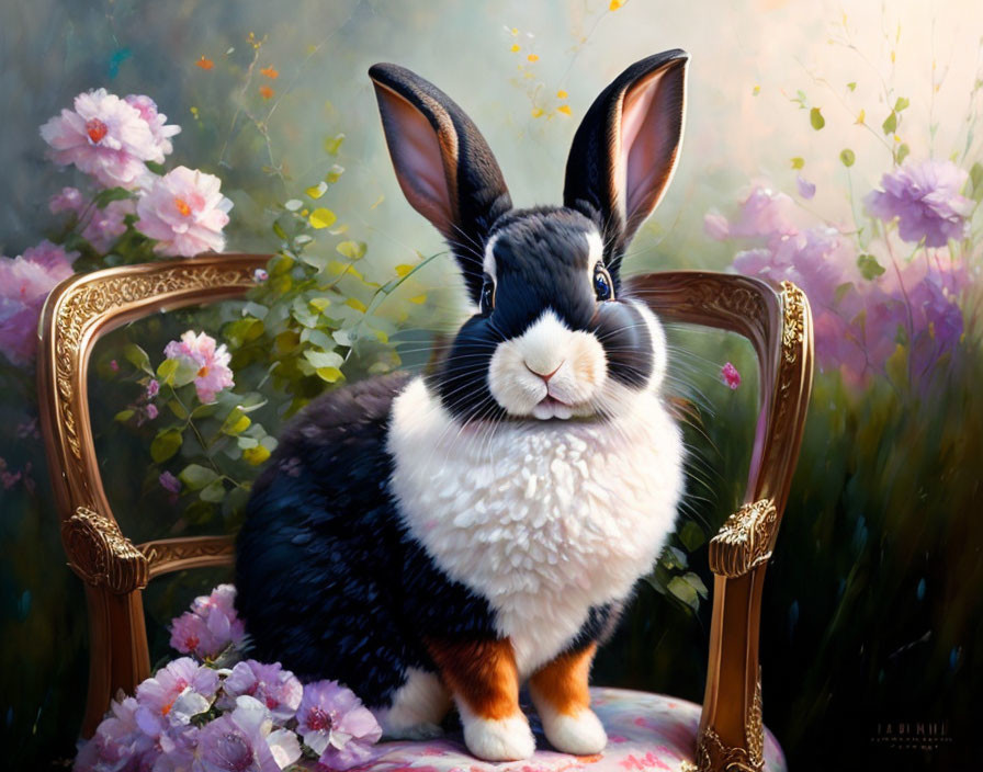 Realistic Black and White Rabbit Painting on Floral Cushioned Antique Chair