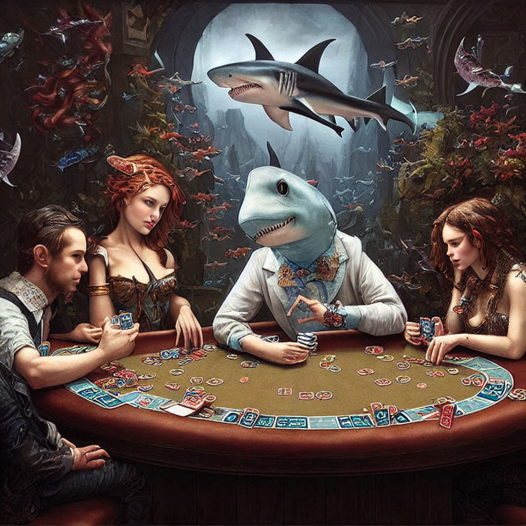 Four people playing poker with shark head in underwater scene