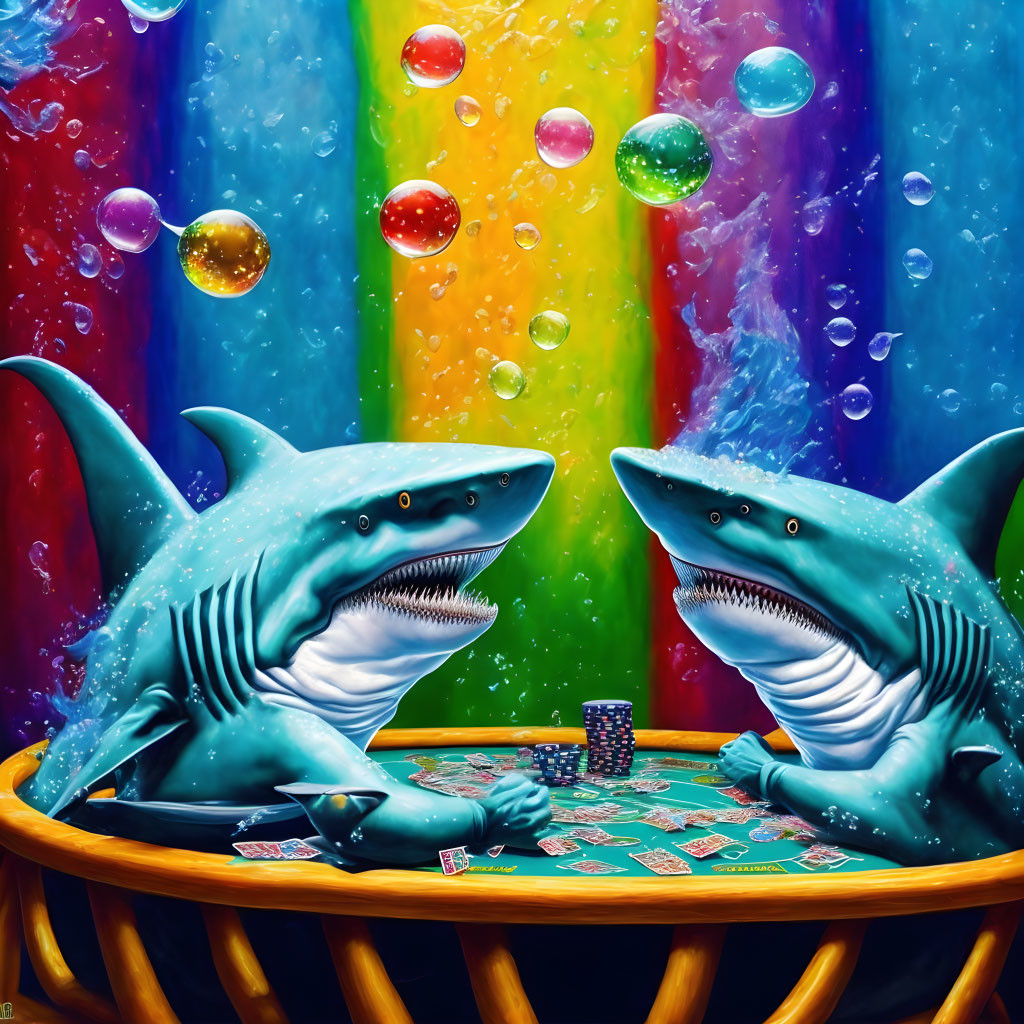 Underwater poker game with animated sharks and colorful bubbles