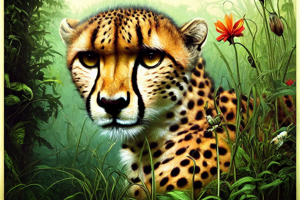 Detailed illustration of a cheetah's head in vibrant jungle setting