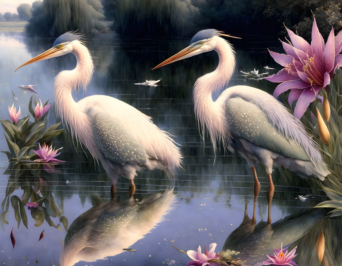 Elegant White Herons in Misty Landscape with Pink Water Lilies