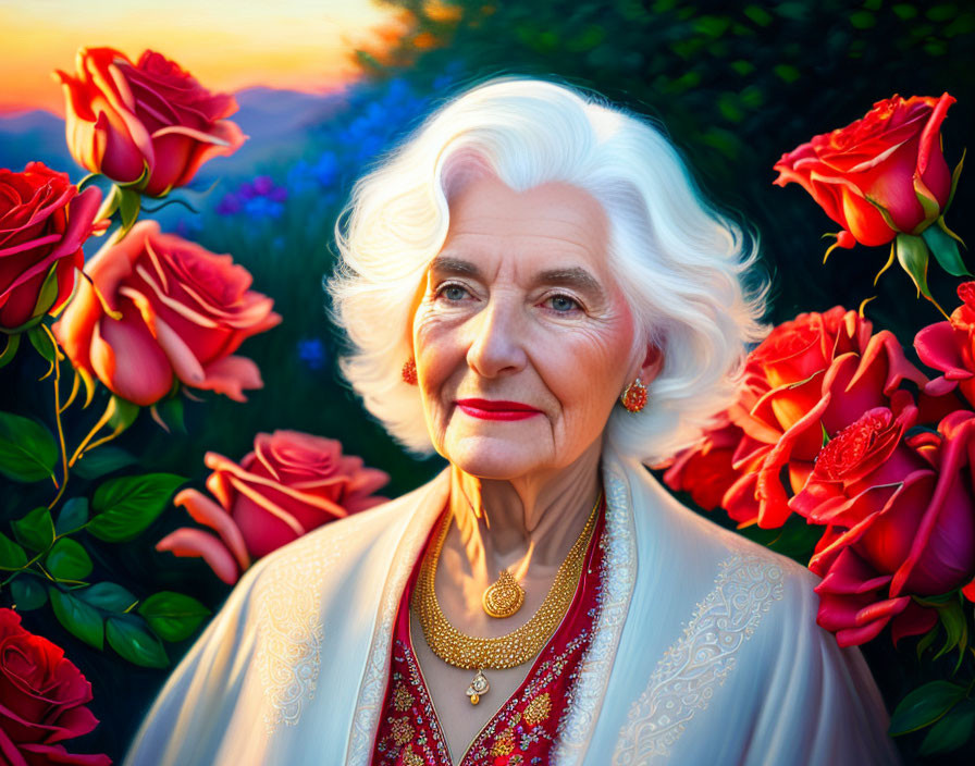 Elderly woman in white outfit with red accessories among red roses at sunset