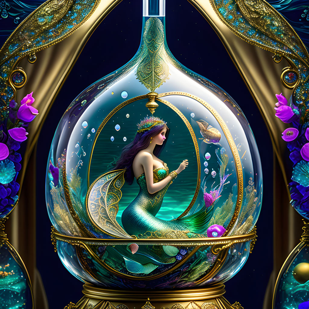 Mermaid in ornate fantasy perfume bottle surrounded by bubbles and marine life