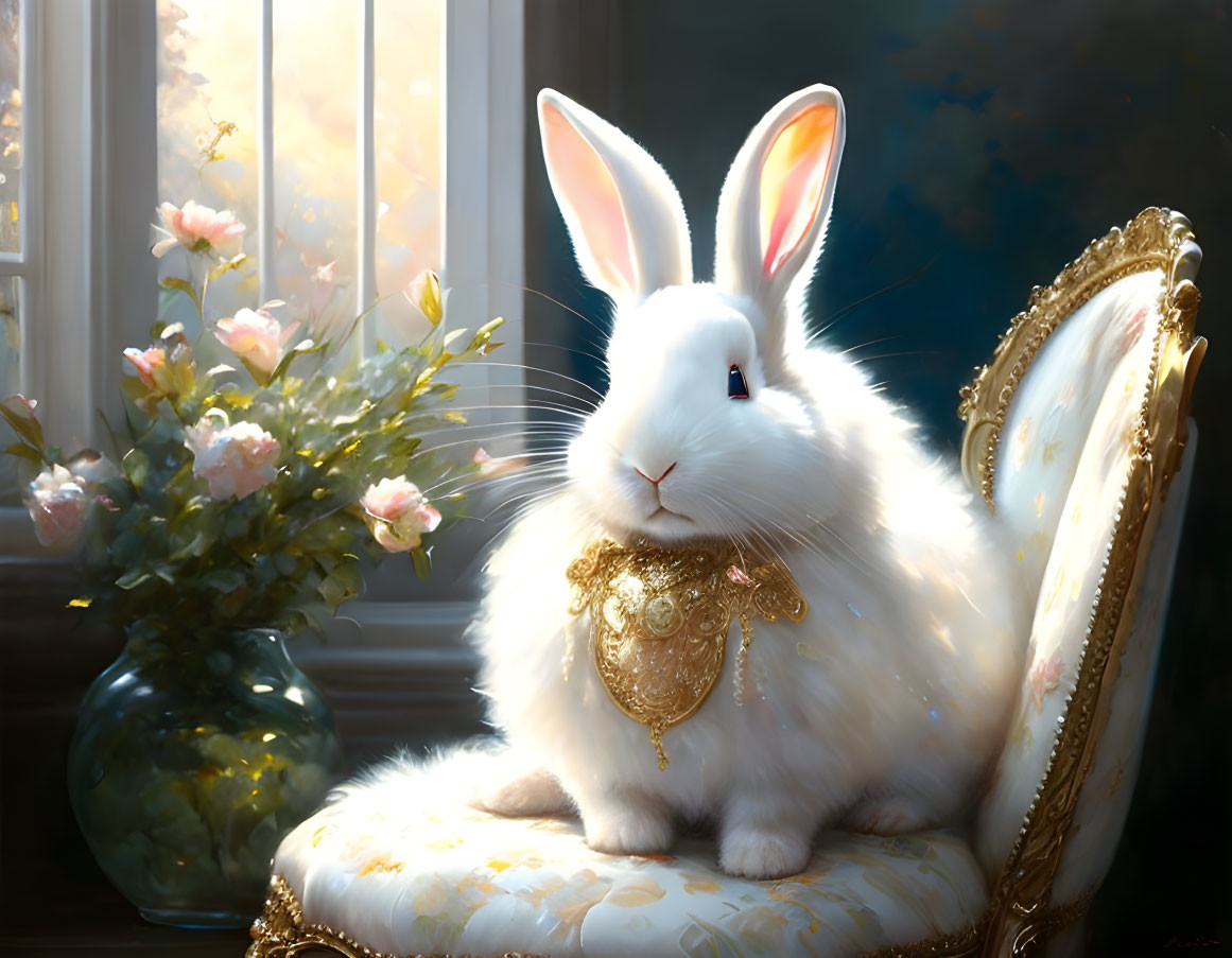 White Rabbit with Blue Eyes on Ornate Chair Beside Window and Roses