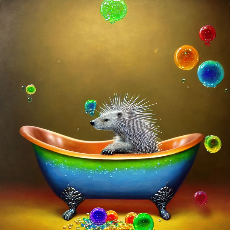 Colorful Bathtub Scene with Hedgehog and Iridescent Bubbles