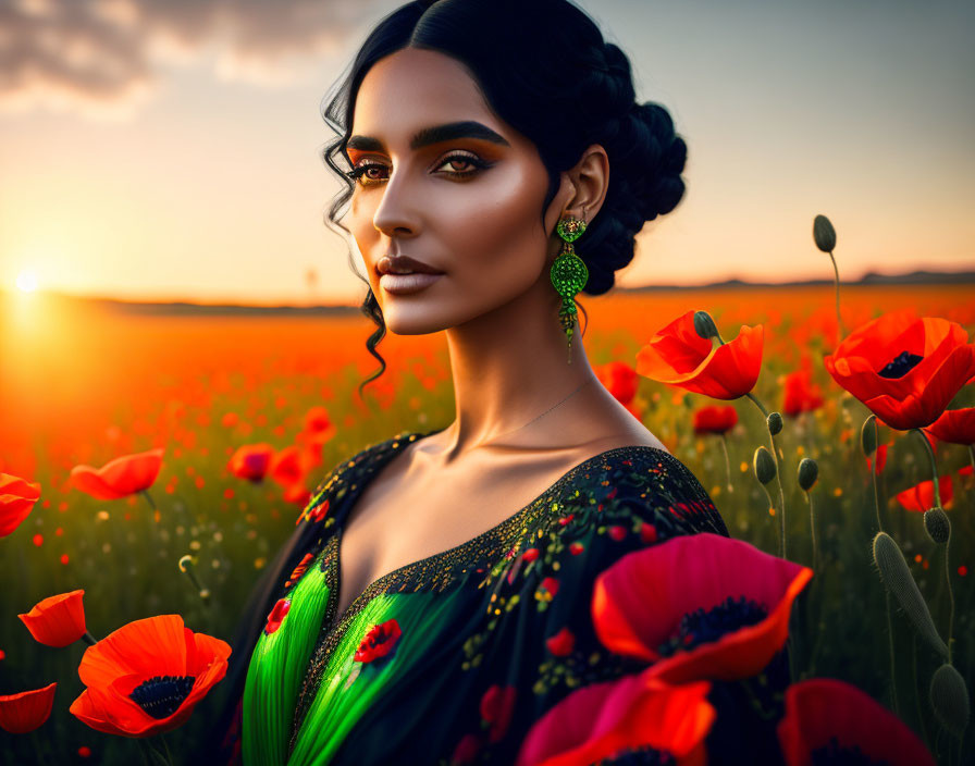 Woman with dramatic makeup in green dress posing in poppy field at sunset