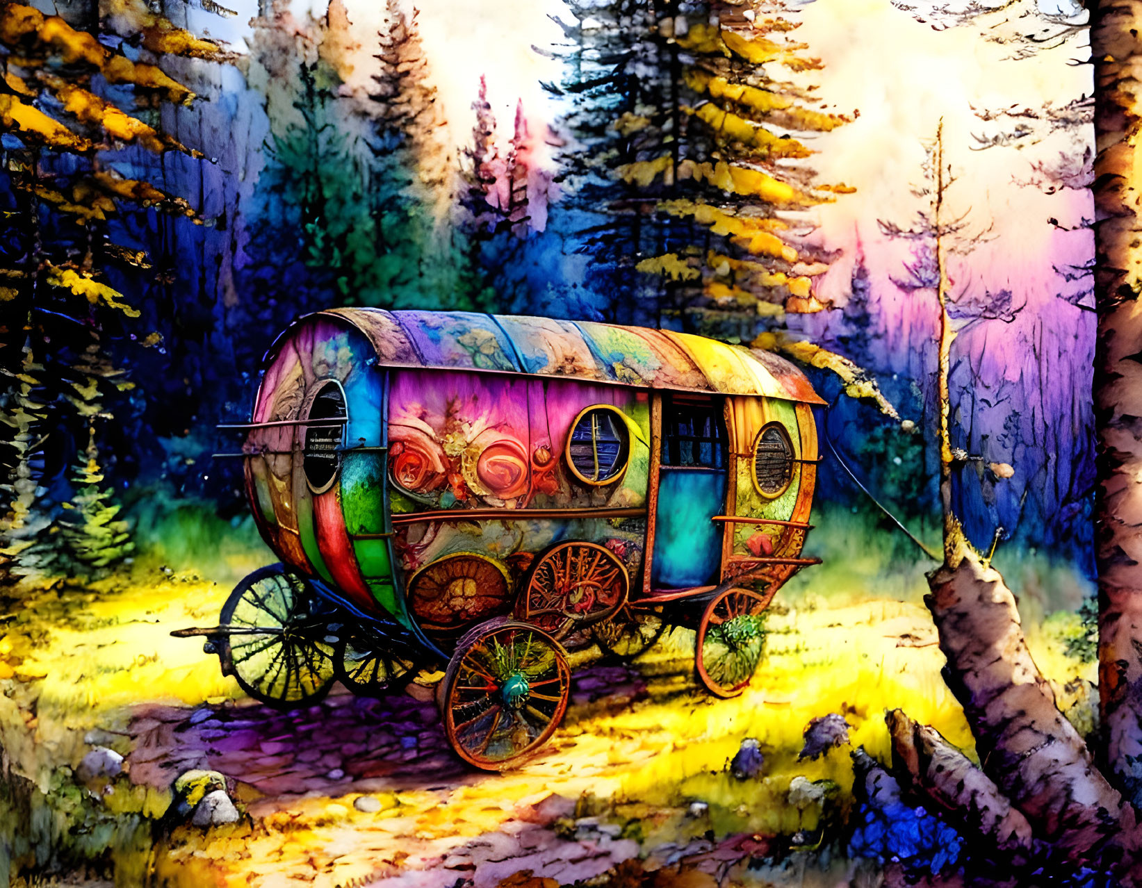 Colorful illustration: Ornate caravan in forest clearing