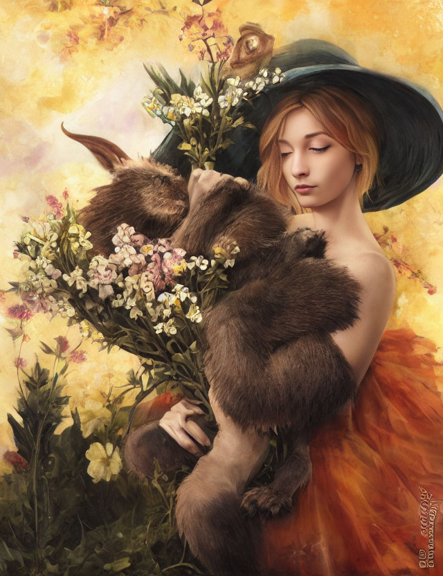 Woman in wide-brimmed hat holding bouquet and sleeping fox against floral backdrop