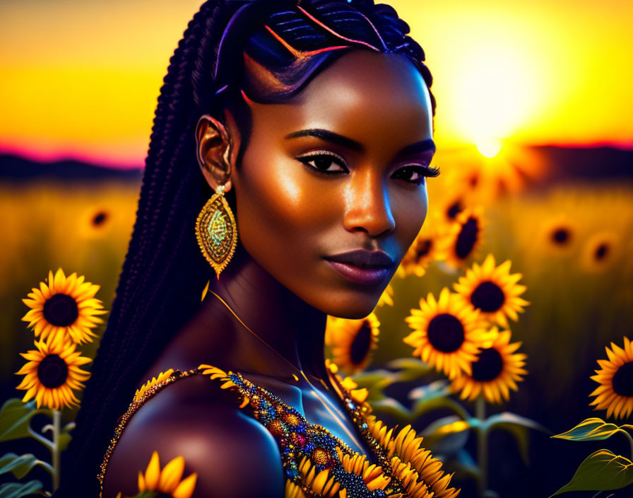 African woman with braided hair in sunflower field at sunset