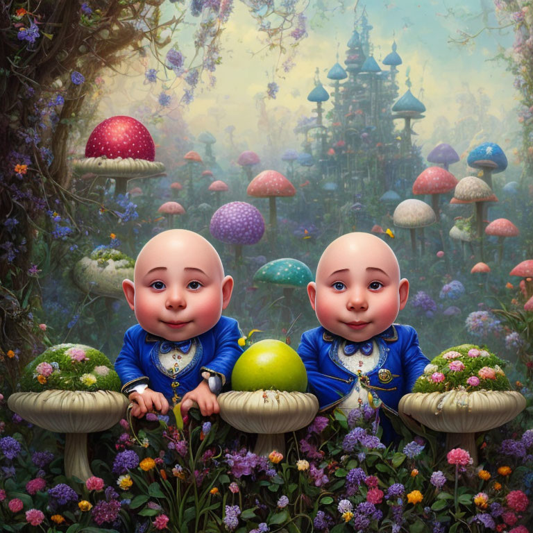 Blue-suited animated babies on mushrooms in colorful fantasy forest