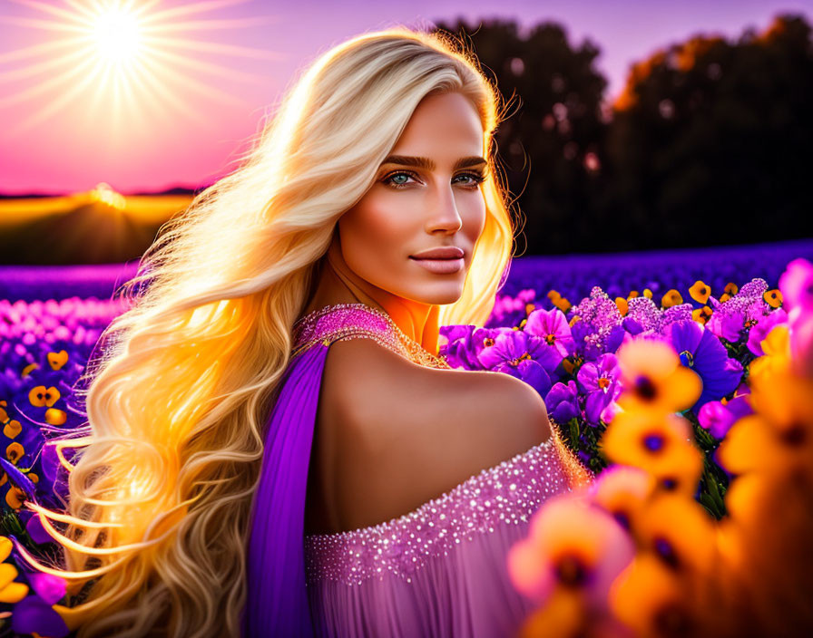 Blonde Woman in Purple Flower Field at Sunset