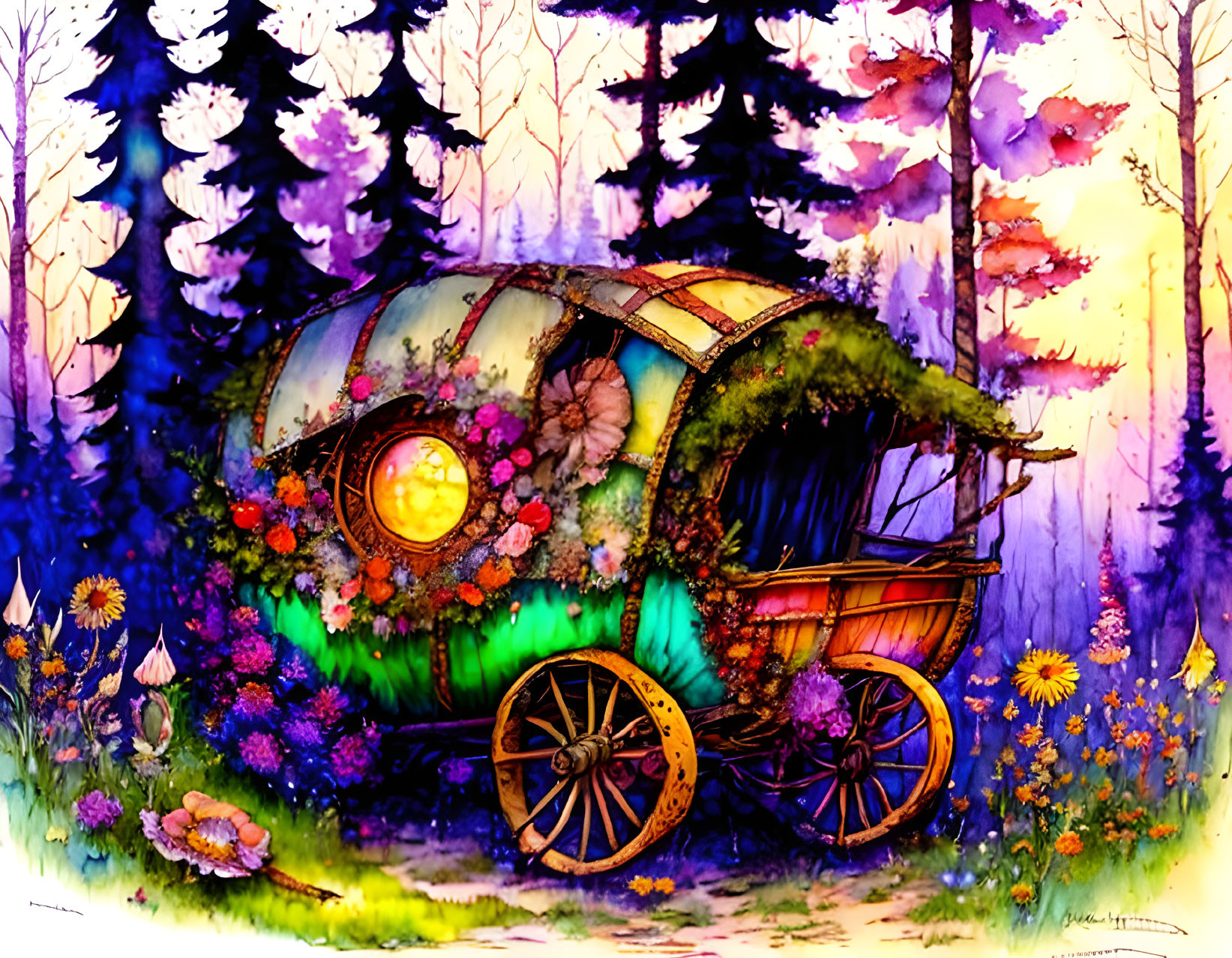 Vibrant woodland scene with gypsy caravan and lush flowers