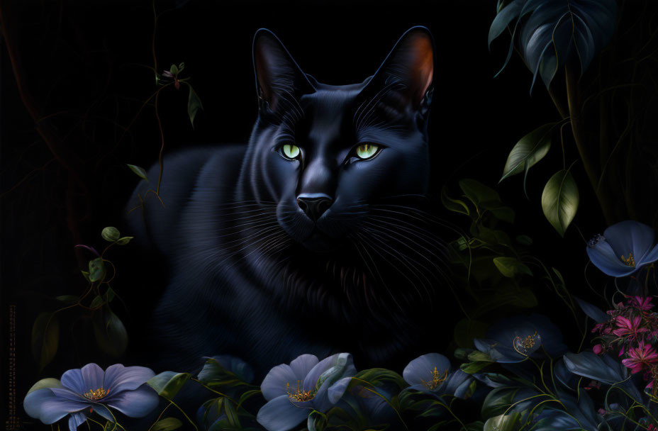 Black cat with green eyes in dark foliage and blue flowers