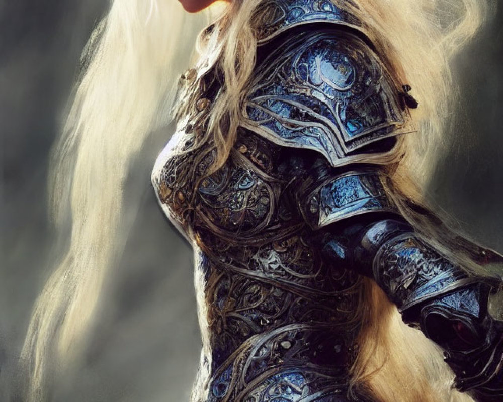 Blonde woman in ornate armor against dark forest landscape