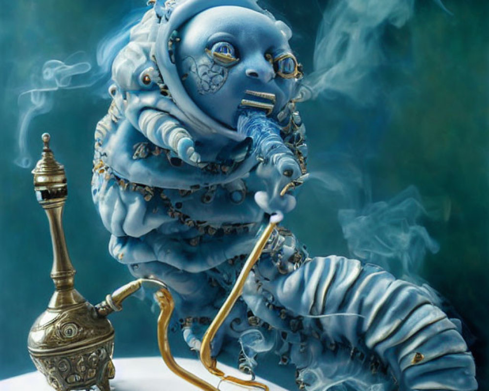 Blue multi-eyed creature smoking ornate pipe in ethereal smoke on green backdrop