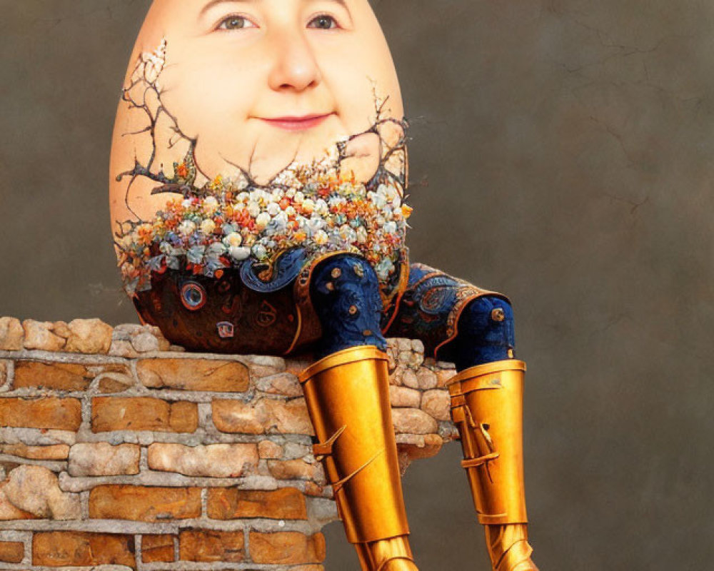 Surreal artwork featuring person with egg-shaped head and golden boots on brick wall