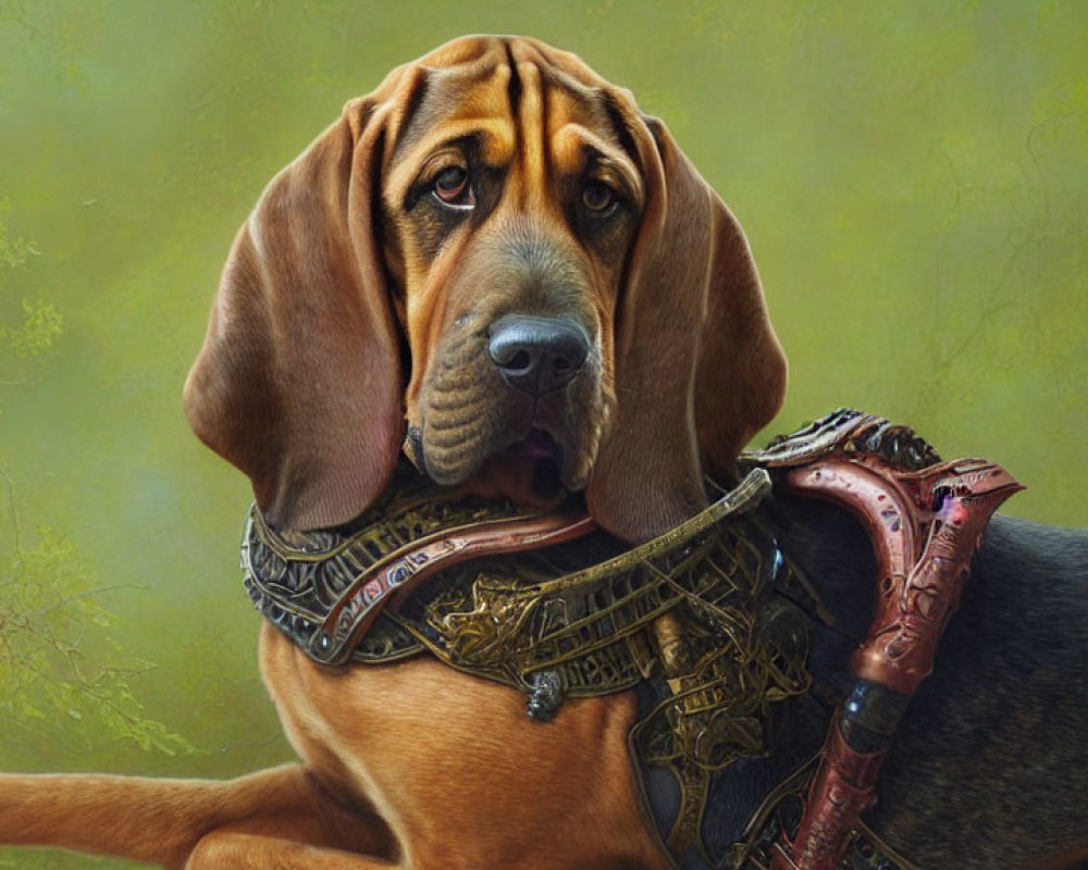 Bloodhound in medieval armor against green backdrop