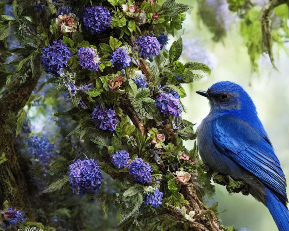 Colorful bird in greenery with purple flowers on tree trunk