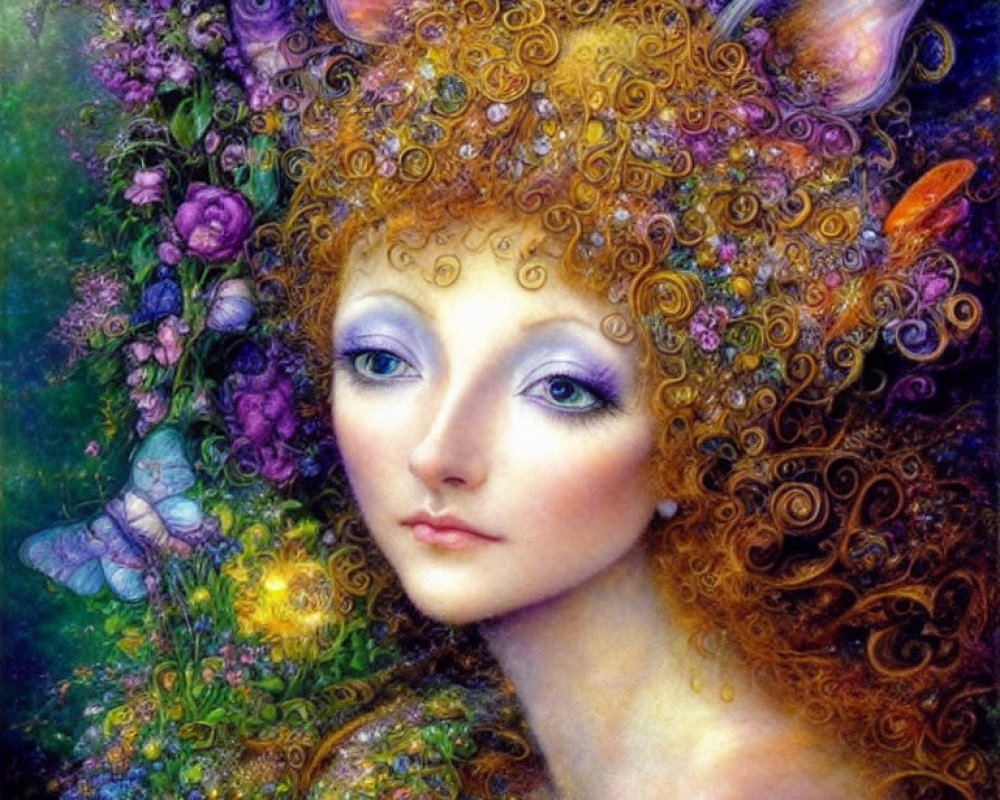 Fantasy portrait of female character with cat ears and golden hair, surrounded by flowers and butterfly.