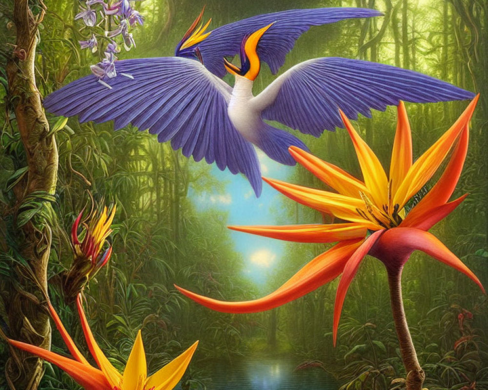 Colorful digital artwork: Purple bird soaring over lush forest and serene pond