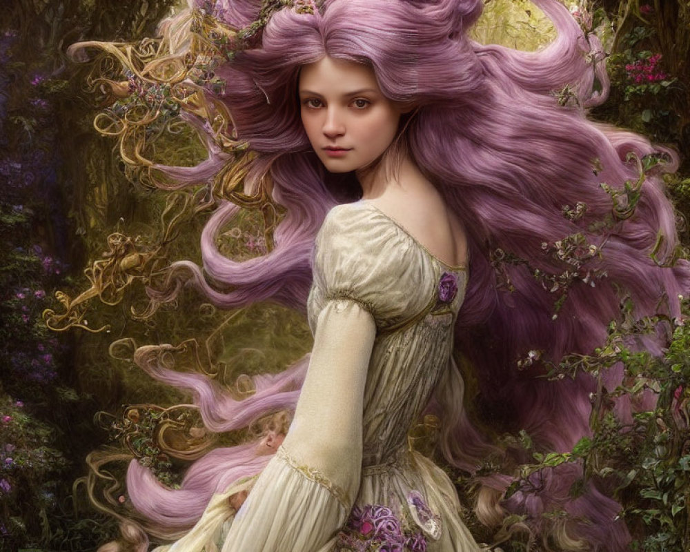 Woman with flowing purple hair in vintage dress in mystical forest.