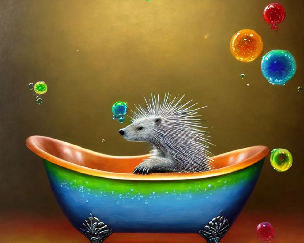 Colorful Bathtub Scene with Hedgehog and Iridescent Bubbles