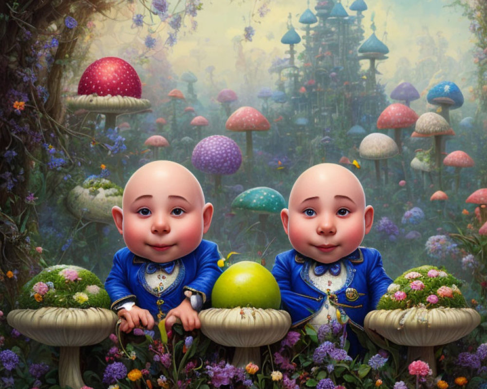 Blue-suited animated babies on mushrooms in colorful fantasy forest