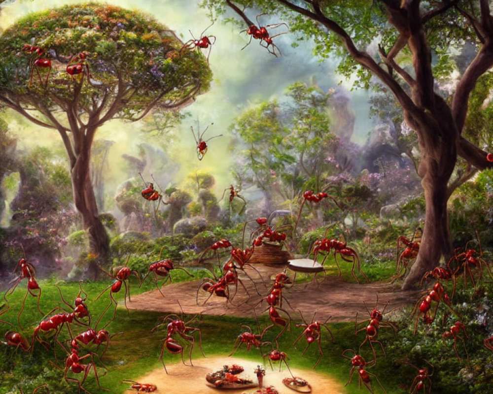 Fantastical red ants in lush enchanted forest scene