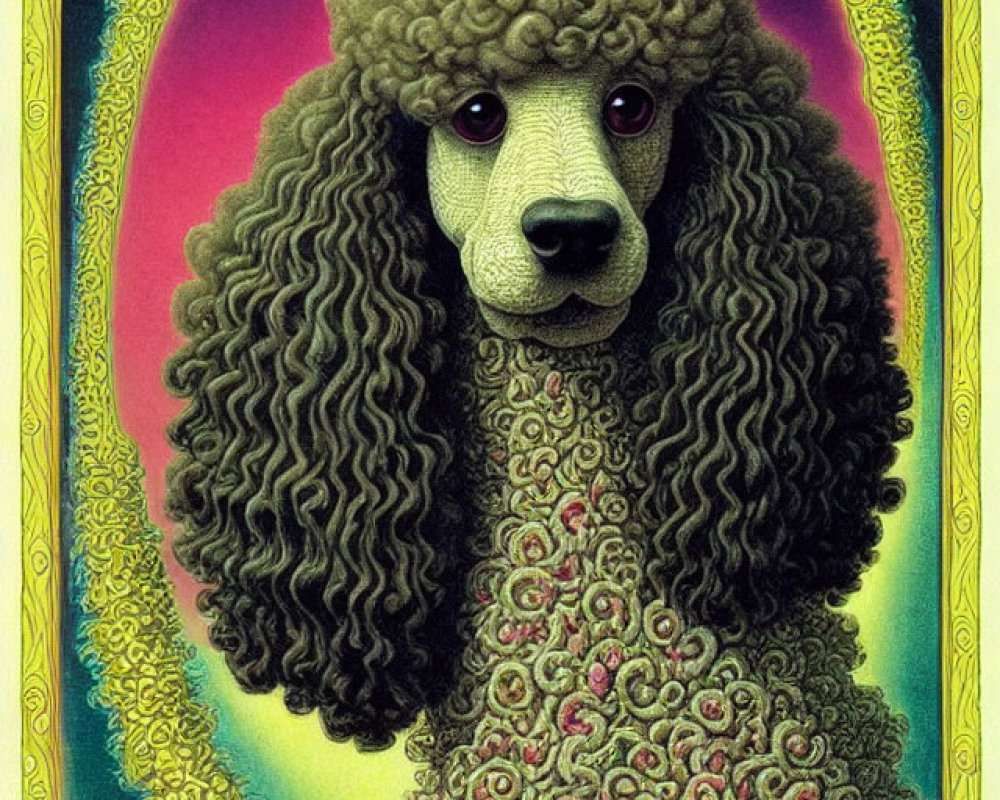 Regal poodle with curly coat in front of psychedelic background