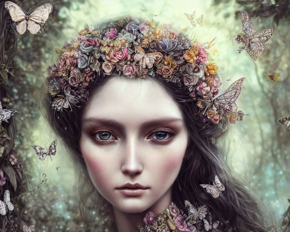 Person wearing floral crown with butterflies in mystical green backdrop