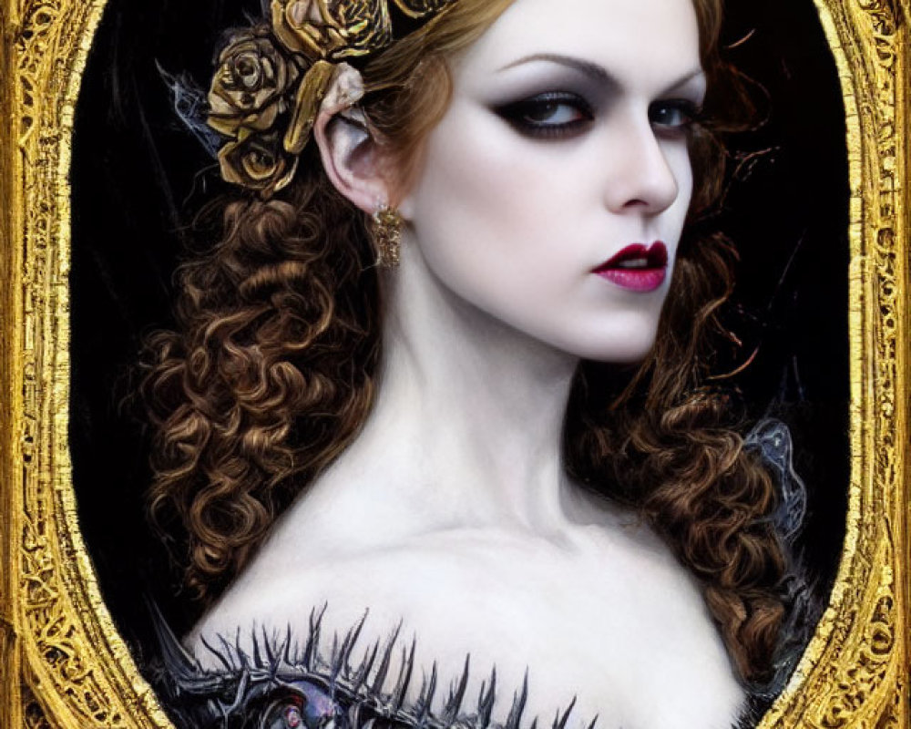 Gothic queen with crown in ornate gold mirror.