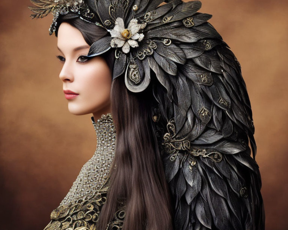 Dramatic makeup woman in feathered headdress and gold embroidered garment