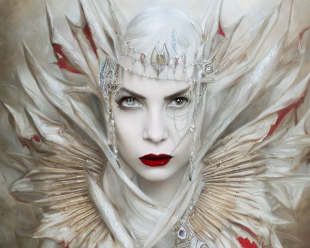 Pale-skinned woman with blue eyes in fantasy headdress.