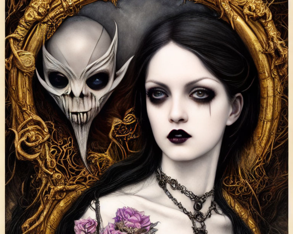 Gothic portrait of pale woman with dark makeup and roses beside skull-like creature in ornate frame