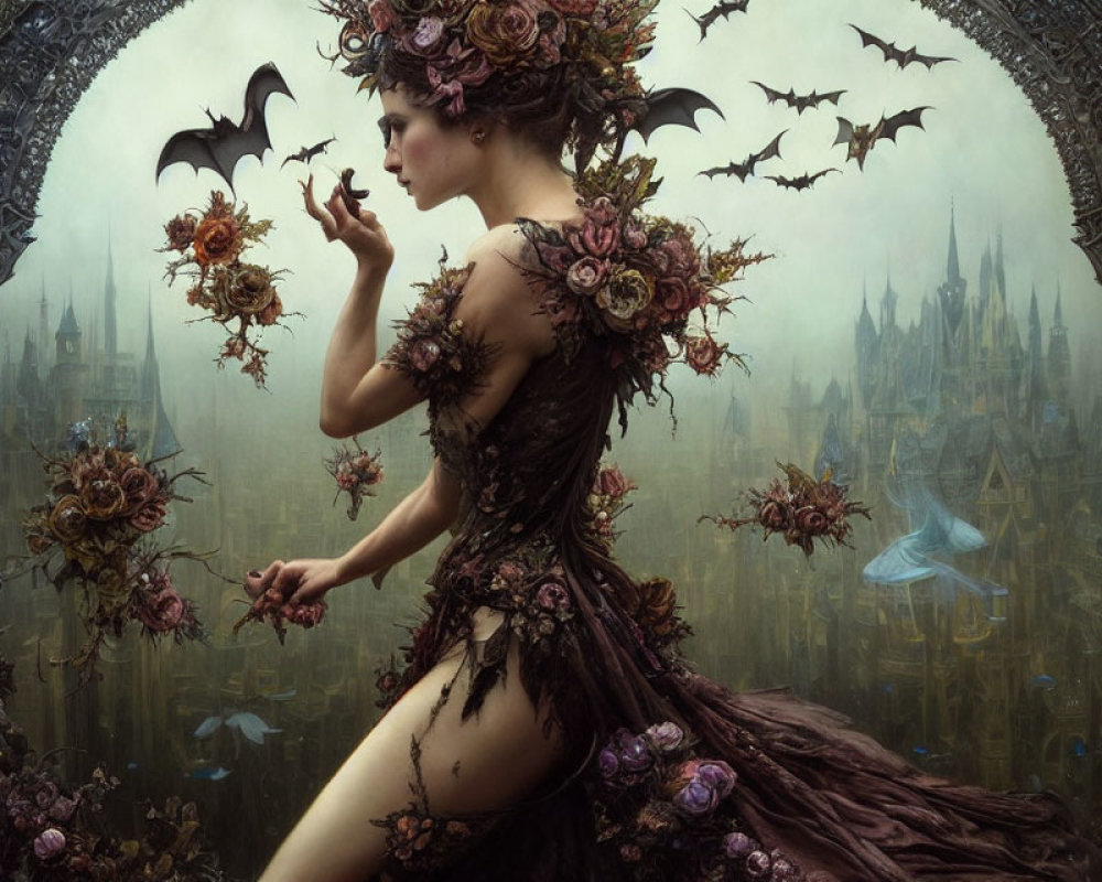 Fantastical image: Woman with bat-like wings in floral dress, gothic castle background