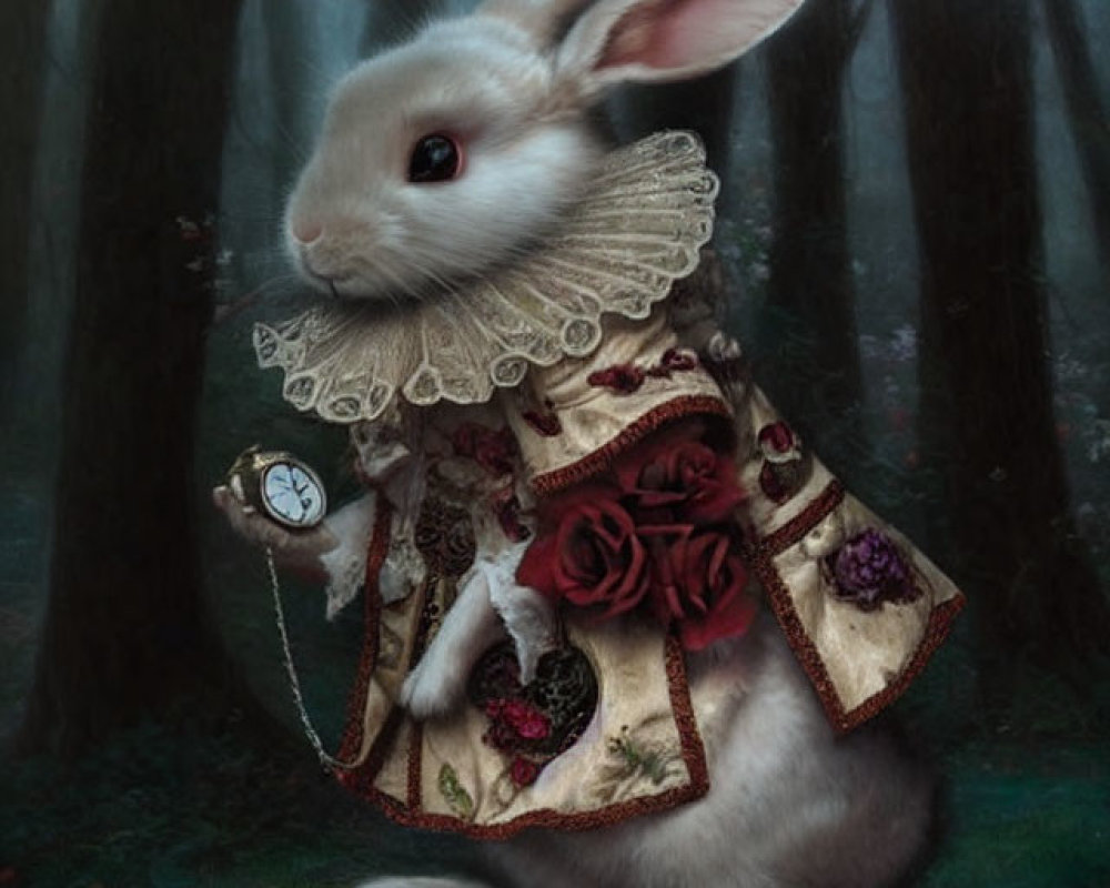 Elaborately dressed rabbit in forest with pocket watch